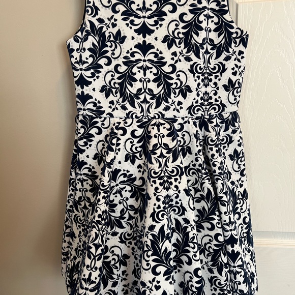 Knit Works Girls 14 Skater Dress Navy Blue Flocked Floral Stretch Ruffle Lined - Picture 3 of 6